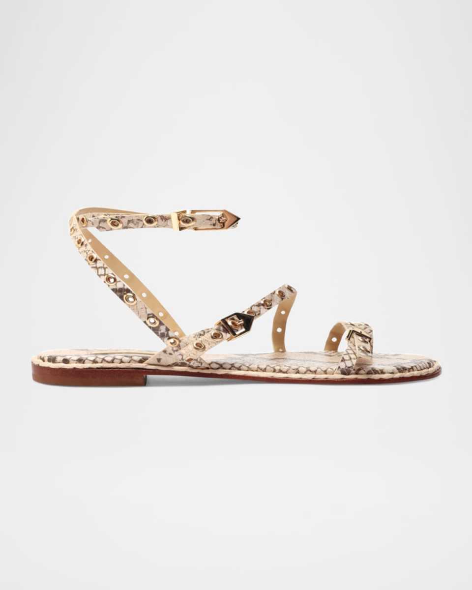 Annette Snake-Embossed Grommet Flat Sandals